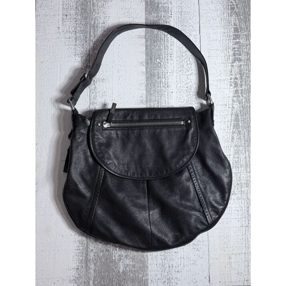 Kenneth Cole Black Genuine Leather Purse Flap Front Bottom Zip Adjustable Stap